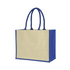 A jute supermarket bag with blue handles and gussets, featuring an unprinted natural exterior and a branding logo.