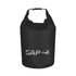 A black waterproof dry bag with a logo, featuring a roll-top closure and a sturdy handle.