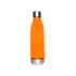 A drink bottle in vibrant orange with a stainless steel base and cap, featuring branding.
