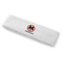 A white plush terry sport headband with a circular logo design.