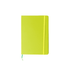 A5 notebook in bright lime green with a rubber band closure and a ribbon bookmark. Features a logo on the cover.