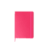 A5 notebook in vibrant pink with a matching elastic closure. Features a smooth cover and a logo.