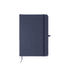 A fabric-covered A5 notebook in navy blue, featuring an elastic band and a ribbon bookmark.