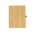 A bamboo notebook featuring a wooden texture, spiral binding, and a secure closure in a natural light brown colour.