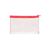A clear PVC pencil case with a red zip, featuring a transparent design and a logo.