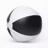 A beach ball with black and white segments, featuring a smooth, inflatable surface and a circular design.