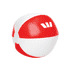 A beach ball with red and white panels, featuring a logo, ideal for leisure and outdoor activities.