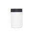 A stainless steel stubby holder in white with a black top, featuring a logo.