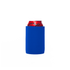 A blue stubby holder encases a red drink can, featuring a smooth, solid design with a logo.