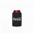 A stubby cooler in black holding a can of Coca-Cola, featuring a logo on the front.