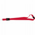 A red lanyard with a clip and a black detachable buckle, designed for holding cards or ID.