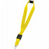 A yellow lanyard featuring a black plastic clip and a metal attachment for holding badges or keys.