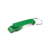 A green aluminium keyring bottle opener with a sleek design and a silver keyring attachment.