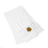 A large white gym towel featuring a logo, showcasing a soft and absorbent cotton material.