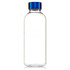A drink bottle made of clear Tritan material with a blue screw-on lid. It has a sleek, modern design.