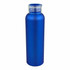 A drink bottle in a vibrant blue colour with a screw-on cap and a smooth metallic finish. It features a logo.
