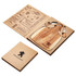 A wooden acacia cheeseboard with a knife set, presented in a brown packaging featuring a logo and design elements.