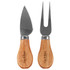 A cheeseboard knife set featuring two stainless steel utensils with wooden handles and a logo.