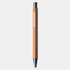 A wooden pen with a black tip, featuring a logo on the barrel. The pen has a natural bamboo finish.
