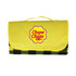 A yellow picnic blanket with a checkered black pattern, featuring a logo on the front.