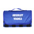 A blue picnic blanket with a checkered pattern, featuring a logo on the front. It has a convenient carry handle.