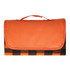 A folded picnic blanket featuring an orange top and a black and orange checkered pattern underneath, with a handle.
