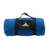 A rolled blue blanket secured with a black strap. It features a logo on the front.