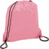 A pink drawstring sportspack featuring black drawstrings and a branding logo.