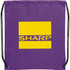 A purple drawstring sportspack featuring a yellow logo. The bag has black drawstrings for closure.