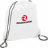 A white drawstring sportspack with black straps and a logo. Suitable for carrying small items.