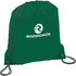A green drawstring sportspack with a logo, featuring two black cords for closure and carrying.