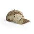 A camo cap in shades of tan and green featuring a curved brim and a logo on the side.