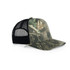 A camo cap featuring a mesh back, showcasing various shades of green and brown in its design.
