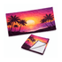 A vibrant palm beach towel featuring a sunset design in shades of purple, pink, and orange, with a white underside.