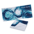 A beach towel featuring an abstract blue water design, measuring 180 x 90 cm, with a logo present.