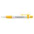 A plastic pen in white and yellow with a prominent window display and a clip for attaching.