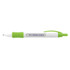 A white and green pen with a logo, featuring a retractable design and a grip section.
