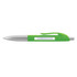 A green plastic pen with a silver clip and tip, featuring a printed website URL on the barrel.