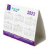 A desk calendar in purple and white featuring monthly calendars from January to June 2022, with a logo.