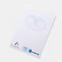 A5 notepad featuring white pages with a subtle blue design and branding logos at the bottom.