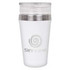 A drink bottle in white with a stainless steel lid and a logo. Ideal for hot or cold beverages.