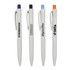 A collection of four white plastic pens with various coloured caps: purple, black, blue, and orange, each featuring a logo.