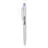 A white plastic pen with a light blue cap and clip, featuring a logo on the side.