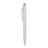 A white plastic pen with a light blue cap and a clip. The pen has a smooth, streamlined design.