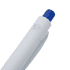 A white pen with a blue cap and a logo, designed in the shape of a sea shell.