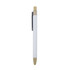 A white pen with a bamboo tip and clip, featuring a sleek design and a logo.