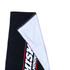 A black and grey beach towel featuring a soft cotton material and a logo on one side.