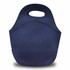 A navy neoprene lunch bag with a handle, featuring a smooth exterior and rounded shape. It includes a branding logo.