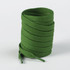 A coiled set of green shoe laces with textured fabric, featuring pointed ends, displayed against a white background.