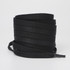 A stack of black shoe laces, coiled neatly, featuring a textured finish. The product has a logo.